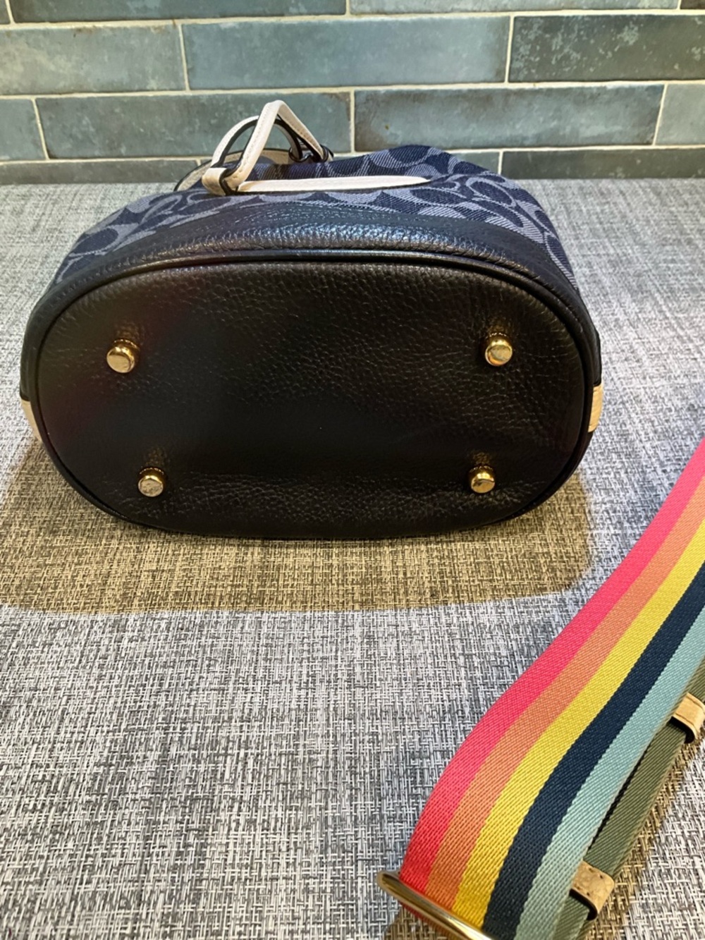 Coach Dempsey Navy Signature Bucket Bag with Tan Accents and Rainbow Strap - Picture 5 of 12